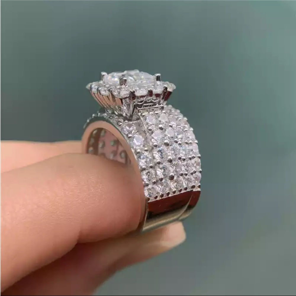 New 925 Silver 2 Pc Set Wedding Engagement Diamond Ring - Picture 2 of 6